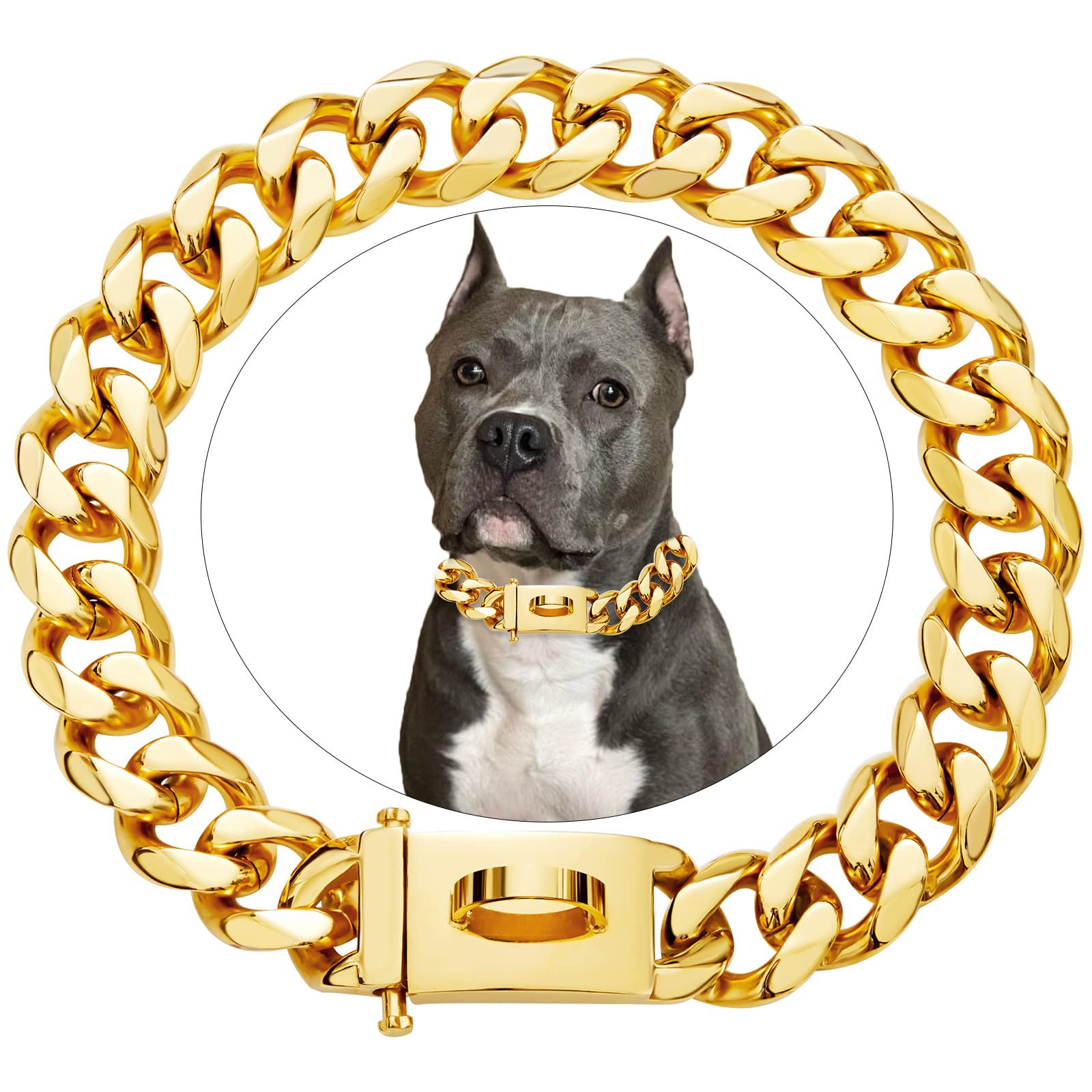 18k Gold Luxury Pet Cuban Link Dog Collar Charm Custom Engrave ID Tags Stainless Steel Personalized Puppy Dog Collar with Premium Buckle Small Medium Large Dogs 10Inch-26Inch