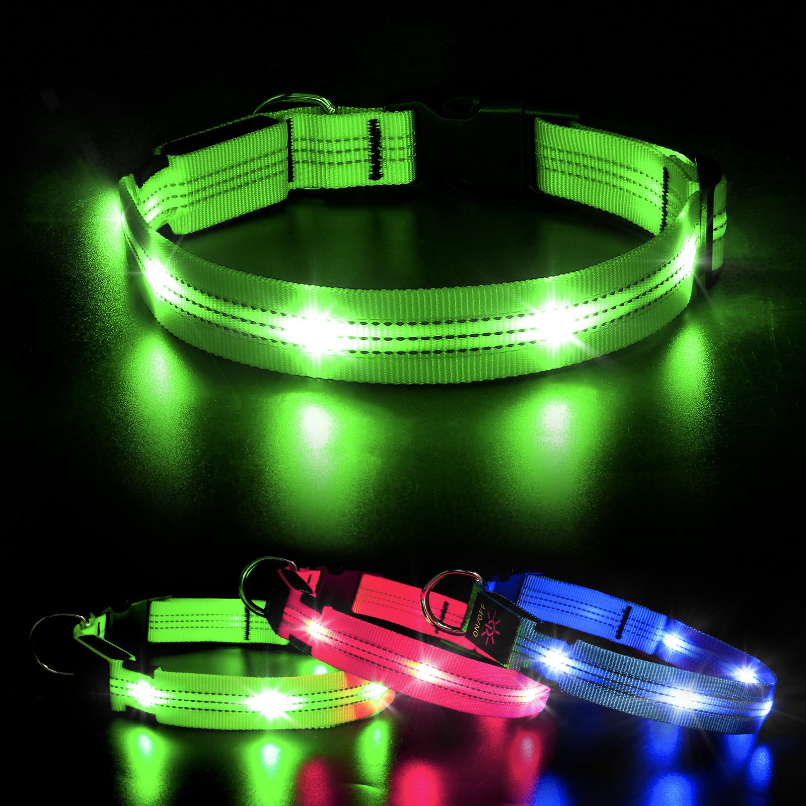 BSEEN Light Up Dog Collar - Glowing LED Dog Collar Reflective Dog Collar Adjustable Lighted Dog Collar Rechargeable Puppy Collar for Night Walking (Green-II Small)