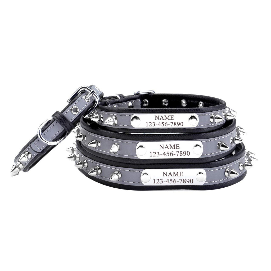 Filhome Personalized Reflective Spiked Dog Collar with Engraved Name Plate Custom Puppy Pet Leather Studded Dog Collar