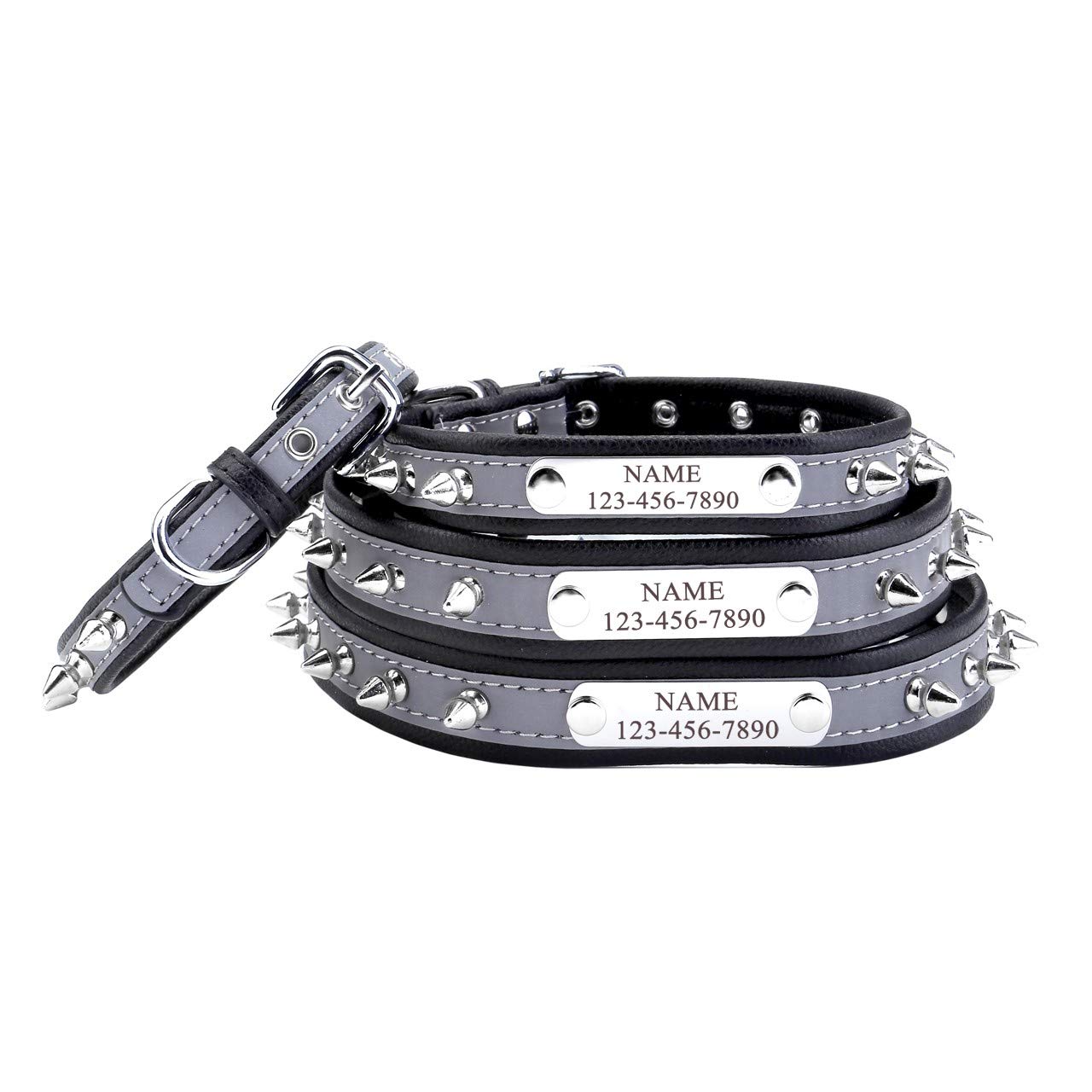 Filhome Personalized Reflective Spiked Dog Collar with Engraved Name Plate Custom Puppy Pet Leather Studded Dog Collar