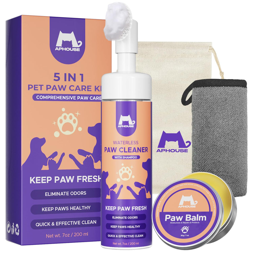 APHOUSE Dog Paw Care Kit - Gentle No-Rinse Foaming Cleanser for All-Around Paw Cleaning - Dog Paw Pad Balm for Soothing Dry Paws & Noses - Paw Cleaner kit for Dogs and Cats