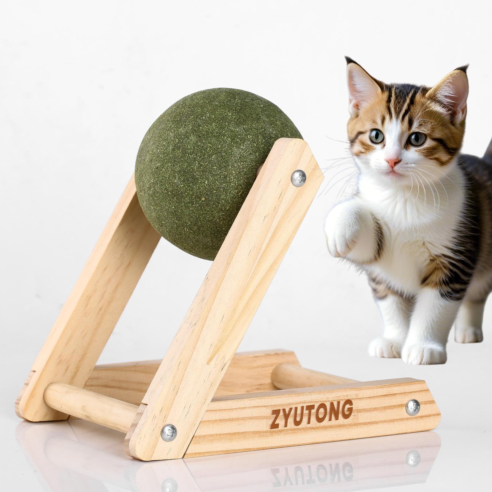 ZYUTONG Giant Catnip Ball with Wood Stand — Interactive Catnip Roller Ball Catnip Relaxation Ball Activity Cat Toy Ball with Bell Inside Licking Spinning Enrichment Relaxation Catnip Ball Toy