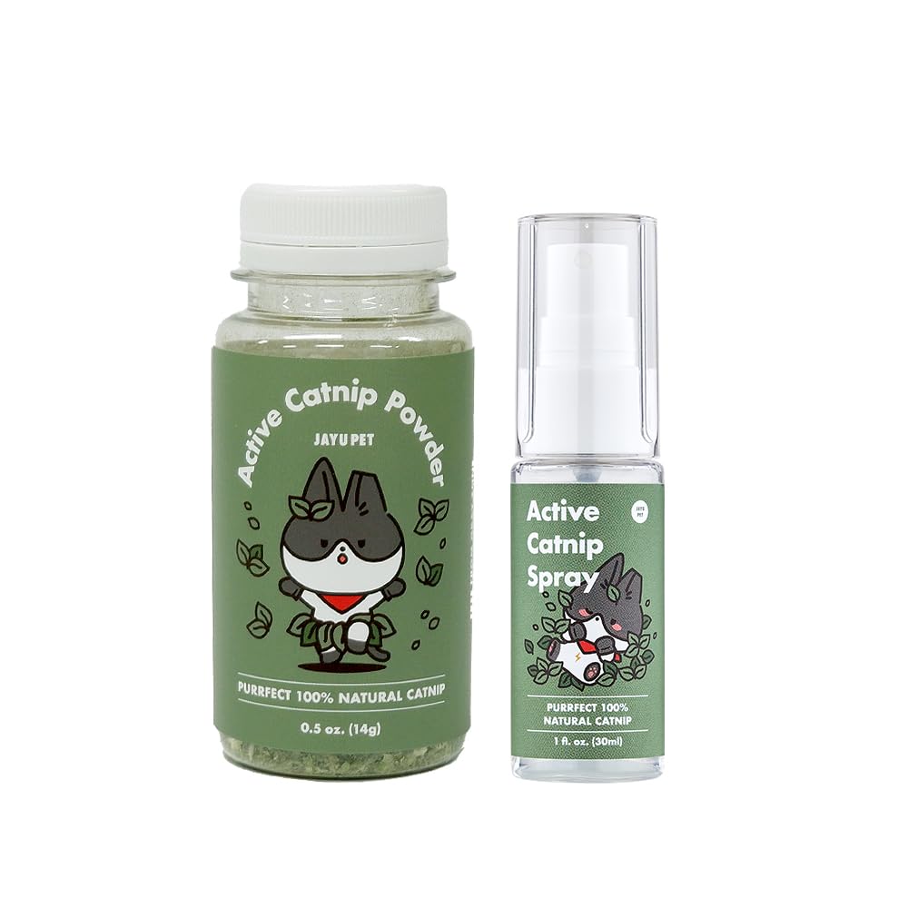 JAYU PET Active Catnip Spray (1 fl.oz) Active Catnip Powder (0.5oz) - Potent Fresh Leaves or Liquid for Entertaining Cats Reducing Stress & Anxiety Reviving Old Toys (Spray+Catnip)