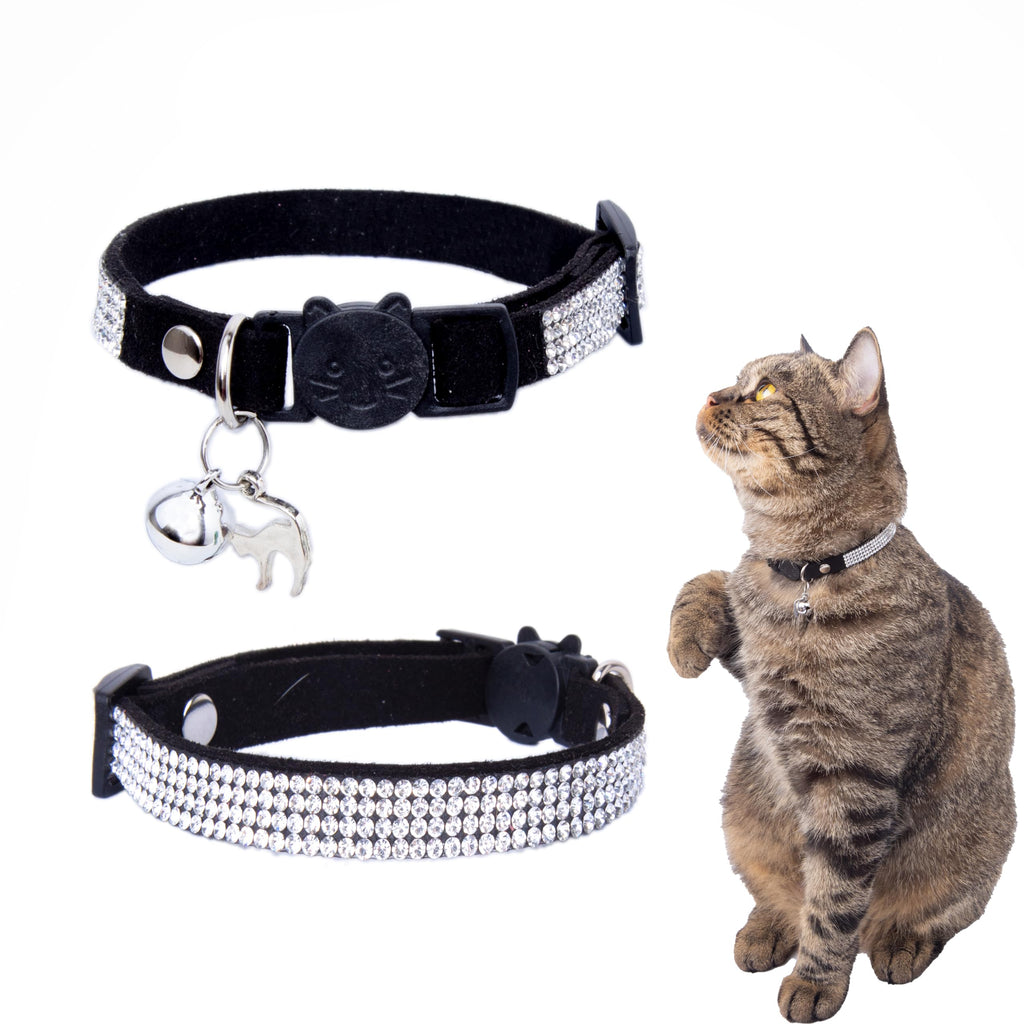Rhinestone Cat Collar Breakaway with Bell Safety Buckle Adjustable Diamond Girl Boy Kitty Cute Comfy Collar for Kitten Tiny Little Pets Rabbits 6"-9" Black Extra Small