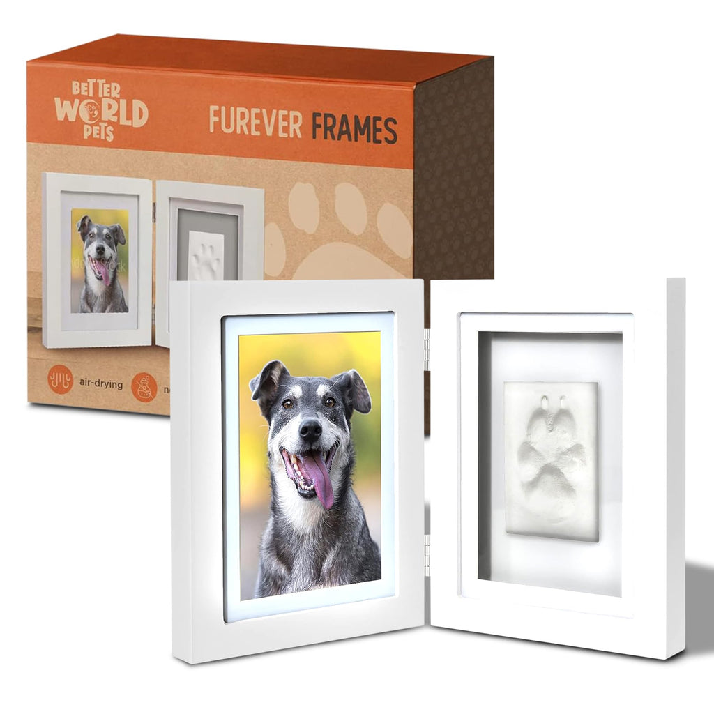 Better World Pets Paw Print + Photo Keepsake Frame Holds 4 x 6 inch or 5 x 7 Picture – Memorial Clay Imprint Kit – for Dogs and Cats – Perfect for Pet Lovers – Hinged for Desktop White