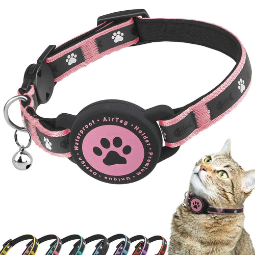 Airtag Cat Collar Breakaway Reflective Kitten Collar with Apple Air Tag Holder and Bell Comfortable Padding Adjustable Durable Fits for Girl Boy Cats (PinkXS)
